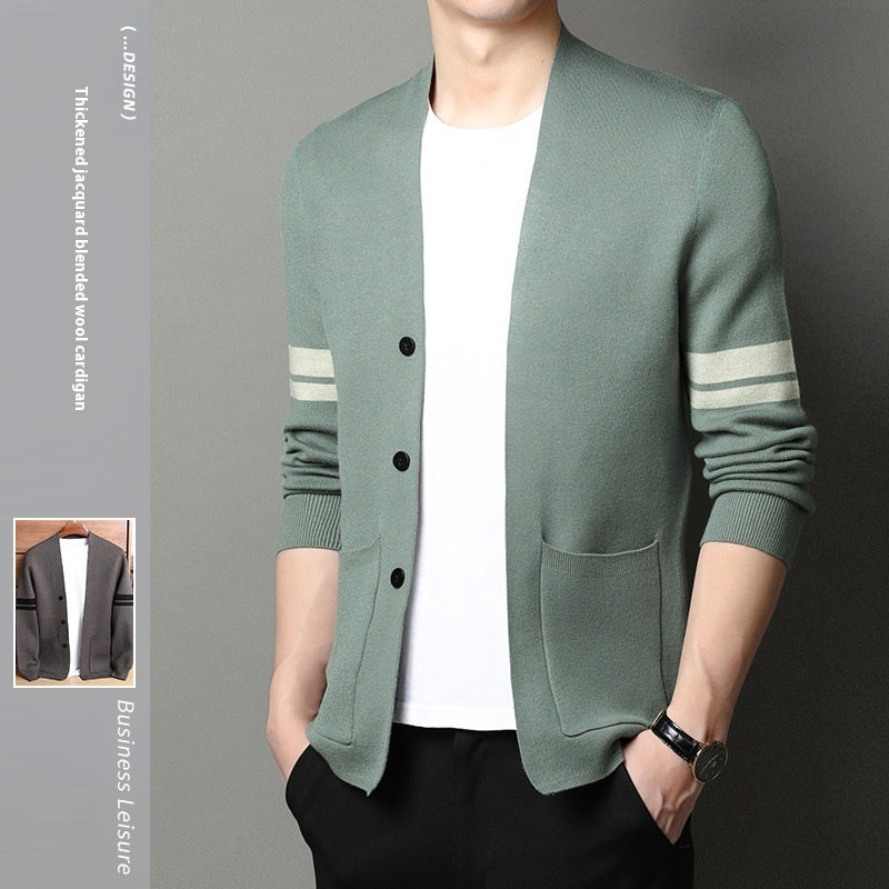 Cardigan Homme Hiver Épais en Jacquard Mélangé à Manches Longues