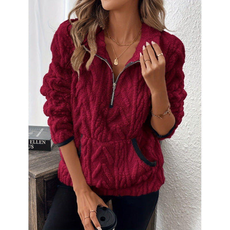 Contrast Color Half-open Collar Plush Women's Sweater - Les Petits Explorateur