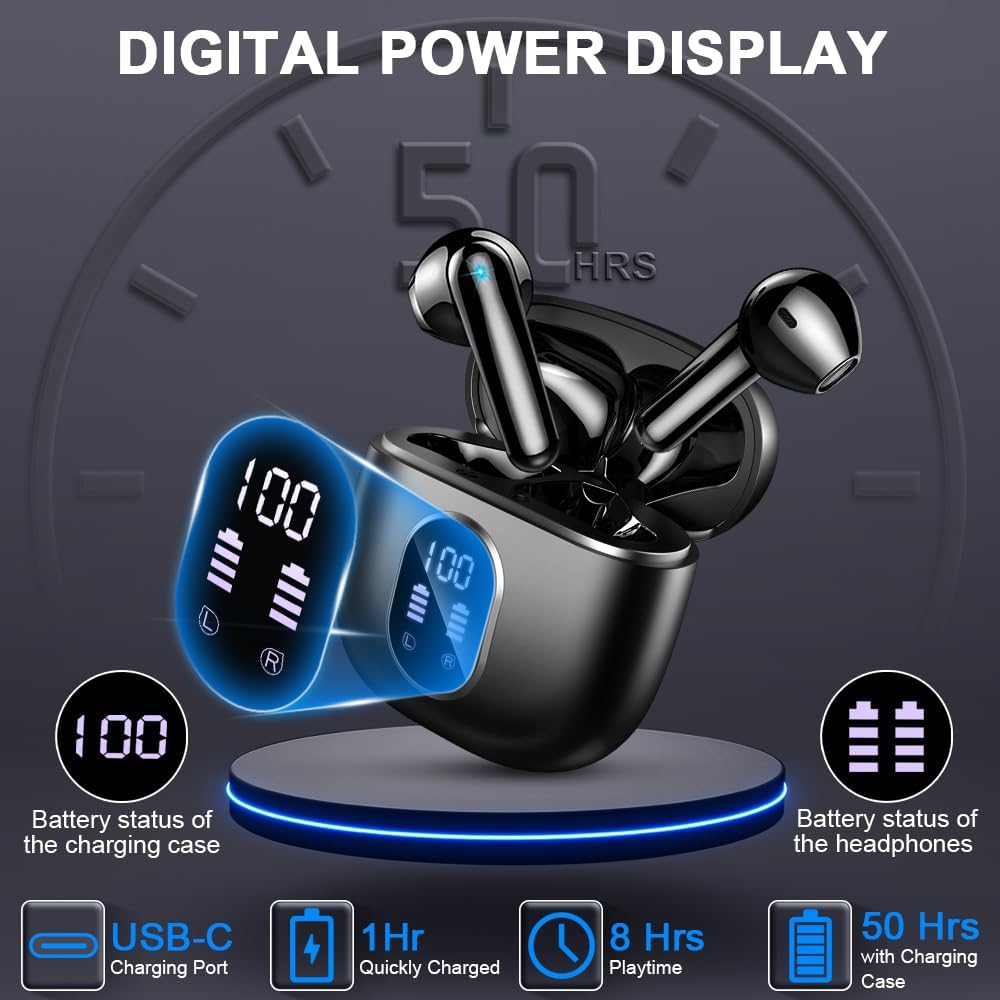 Ecouteurs Bluetooth sans Fil, Écouteurs Bluetooth 5.3 avec HiFi Stéréo Basses Casque, 50H Récréation, 4 ENC Réduction de Bruit Mic, Oreillette Bluetooth Sport IP7 Étanche, Écran LED, pour iOS Android