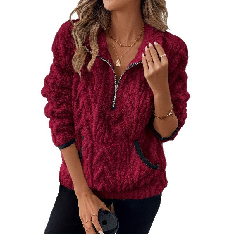 Contrast Color Half-open Collar Plush Women's Sweater - Les Petits Explorateur 