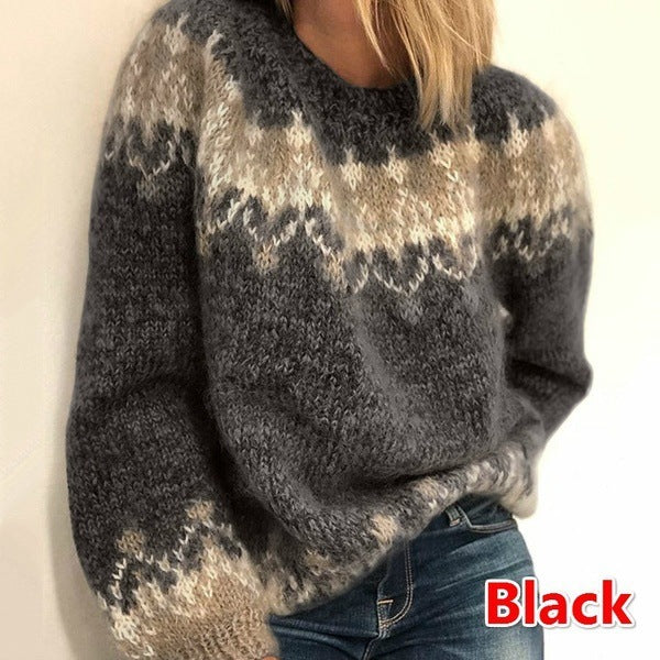 Casual Pullover Jacquard Sweater Autumn And Winter Fashion Ethnic Style Knitted Tops Women's Clothing - Les Petits Explorateur 