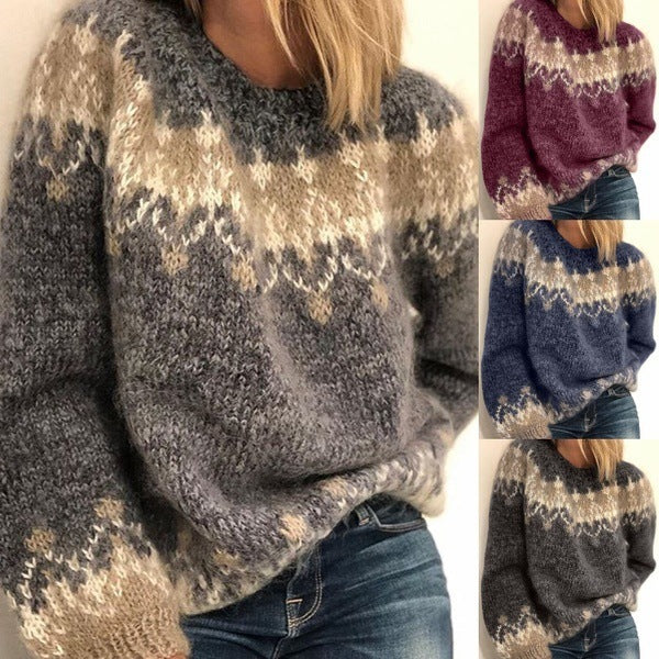 Casual Pullover Jacquard Sweater Autumn And Winter Fashion Ethnic Style Knitted Tops Women's Clothing - Les Petits Explorateur 