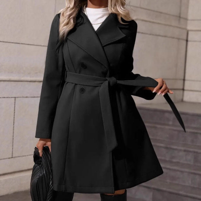 Women's Elegant Lace-up Solid Color Slim-fit Woolen Coat - Les Petits Explorateur 