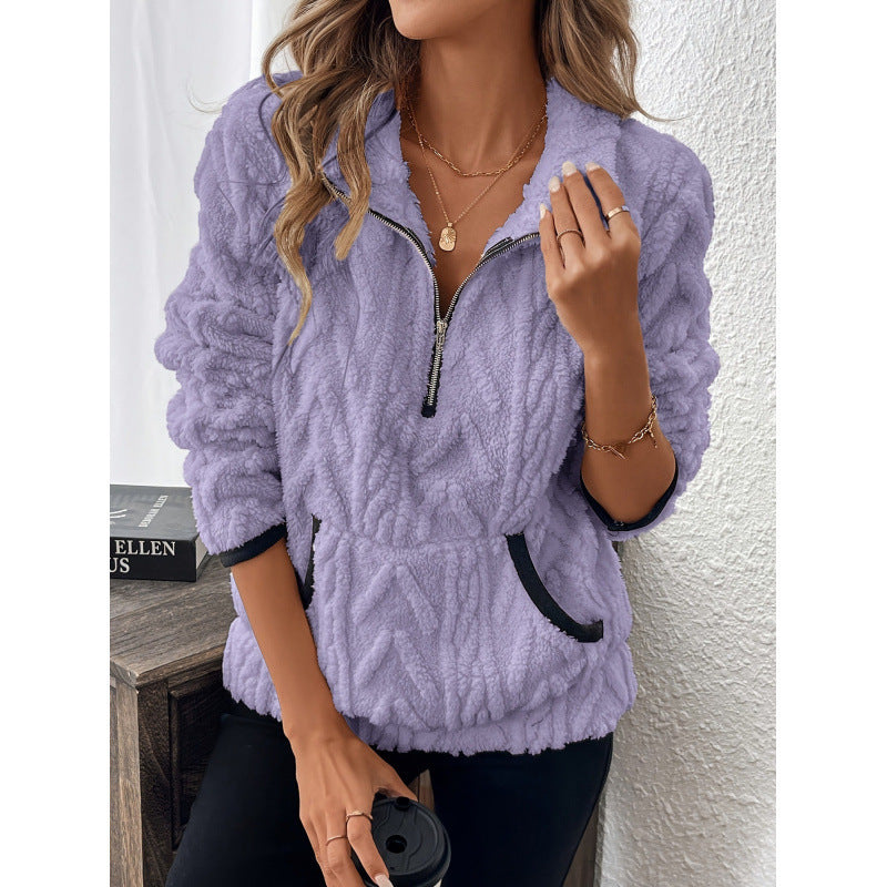 Contrast Color Half-open Collar Plush Women's Sweater - Les Petits Explorateur 