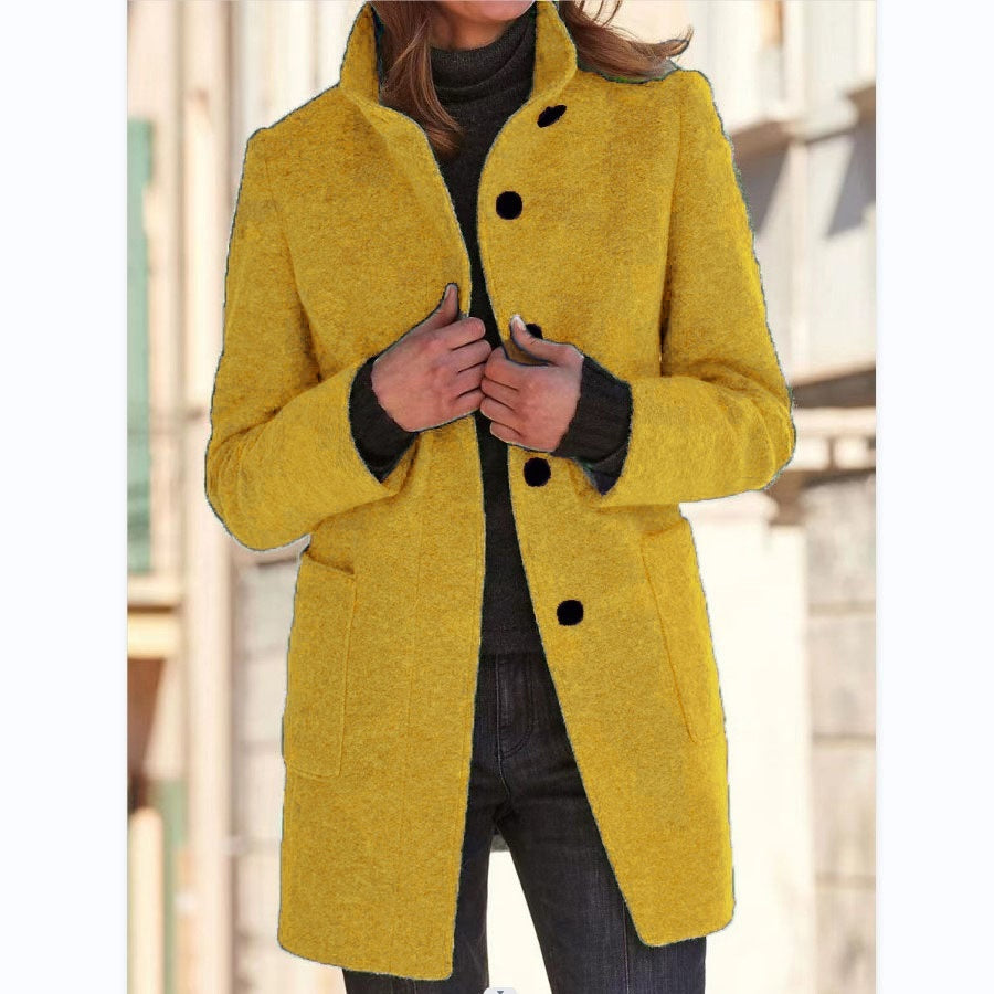 Fashion Stand Collar Woolen Coat With Pockets Fall Winter Casual Button Outwear For Women Clothing - Les Petits Explorateur 