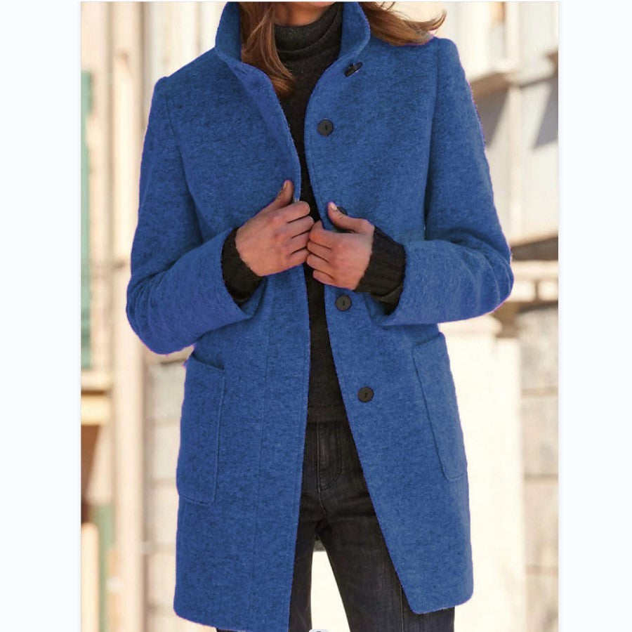 Fashion Stand Collar Woolen Coat With Pockets Fall Winter Casual Button Outwear For Women Clothing - Les Petits Explorateur 