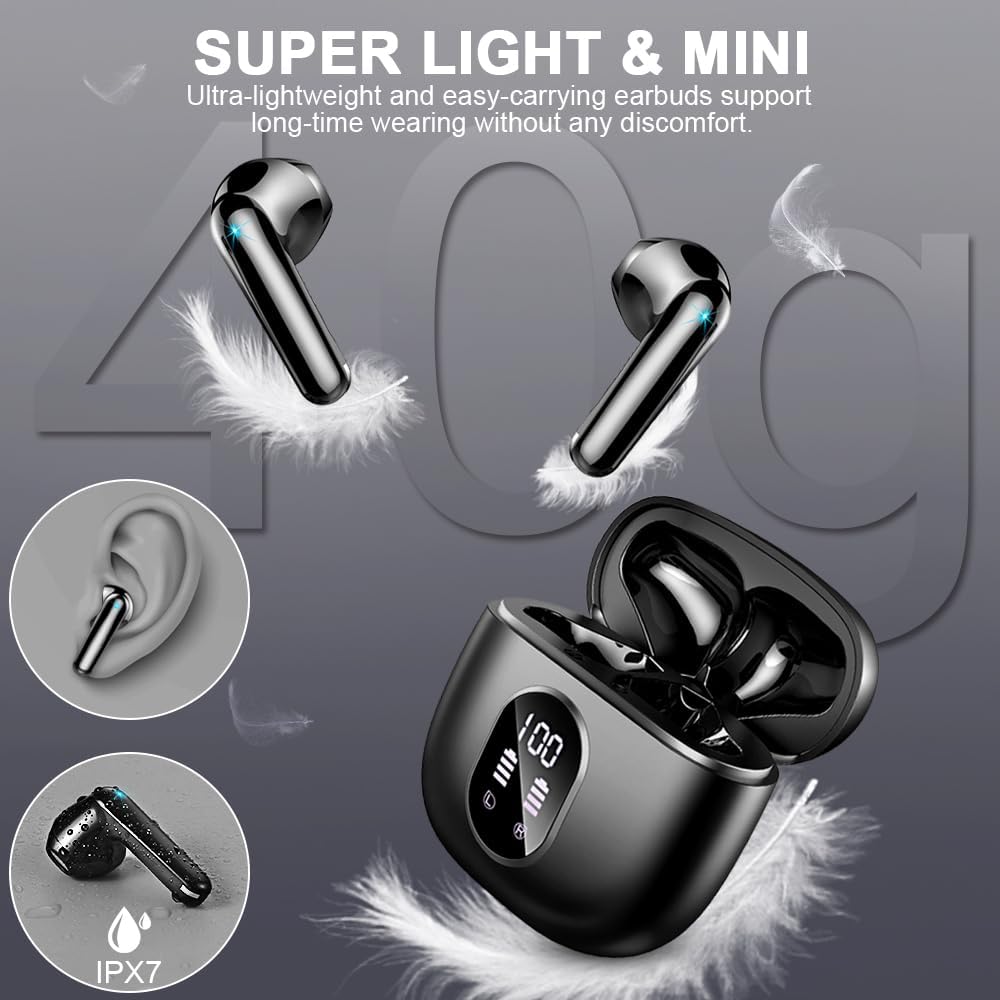 Ecouteurs Bluetooth sans Fil, Écouteurs Bluetooth 5.3 avec HiFi Stéréo Basses Casque, 50H Récréation, 4 ENC Réduction de Bruit Mic, Oreillette Bluetooth Sport IP7 Étanche, Écran LED, pour iOS Android