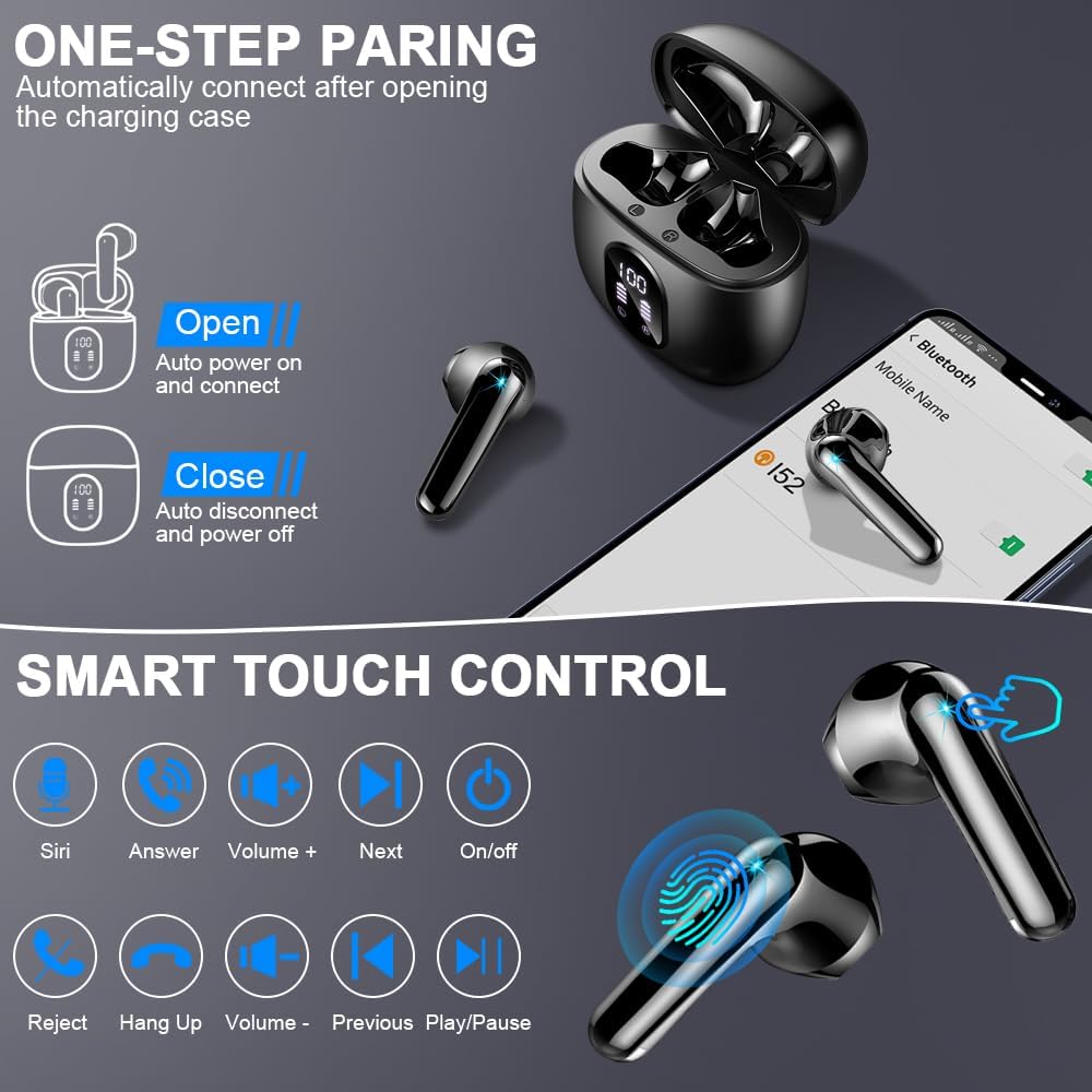 Ecouteurs Bluetooth sans Fil, Écouteurs Bluetooth 5.3 avec HiFi Stéréo Basses Casque, 50H Récréation, 4 ENC Réduction de Bruit Mic, Oreillette Bluetooth Sport IP7 Étanche, Écran LED, pour iOS Android