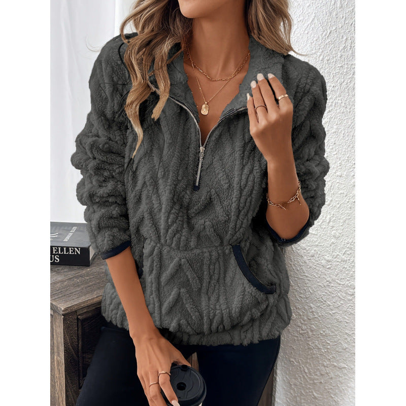 Contrast Color Half-open Collar Plush Women's Sweater - Les Petits Explorateur 