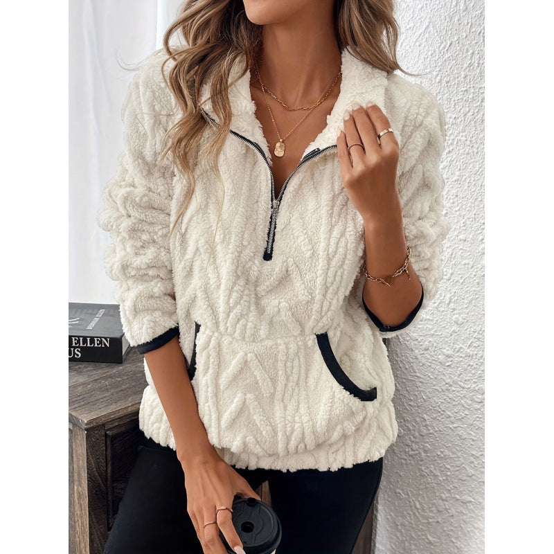 Contrast Color Half-open Collar Plush Women's Sweater - Les Petits Explorateur 
