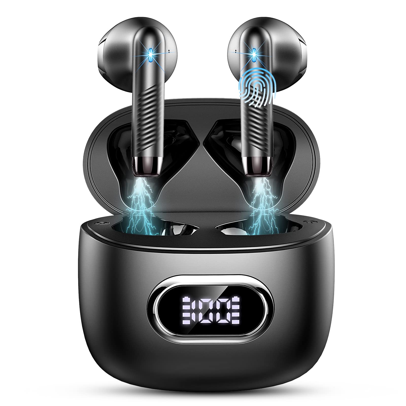Ecouteurs Bluetooth sans Fil, Écouteurs Bluetooth 5.3 avec HiFi Stéréo Basses Casque, 50H Récréation, 4 ENC Réduction de Bruit Mic, Oreillette Bluetooth Sport IP7 Étanche, Écran LED, pour iOS Android