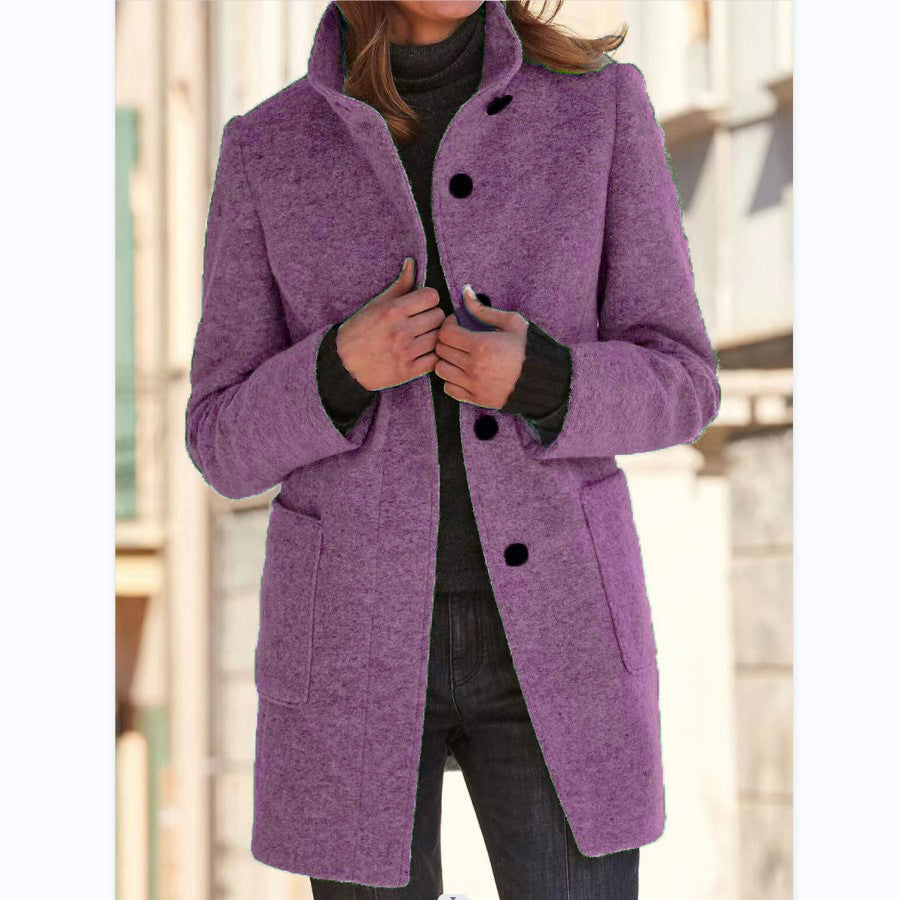 Fashion Stand Collar Woolen Coat With Pockets Fall Winter Casual Button Outwear For Women Clothing - Les Petits Explorateur 