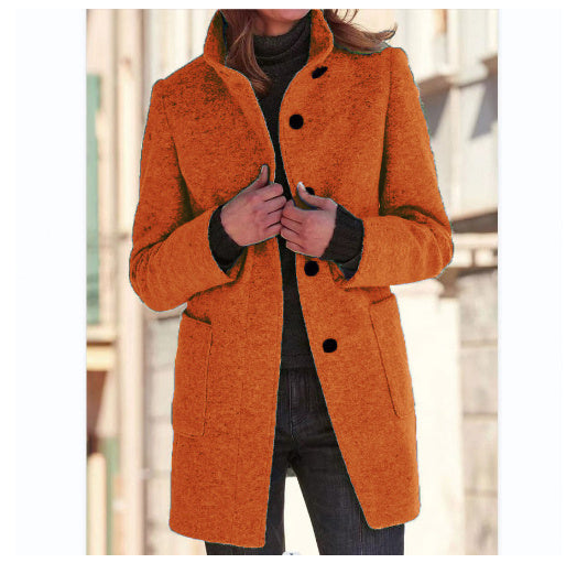 Fashion Stand Collar Woolen Coat With Pockets Fall Winter Casual Button Outwear For Women Clothing - Les Petits Explorateur 