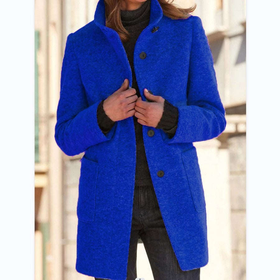 Fashion Stand Collar Woolen Coat With Pockets Fall Winter Casual Button Outwear For Women Clothing - Les Petits Explorateur 