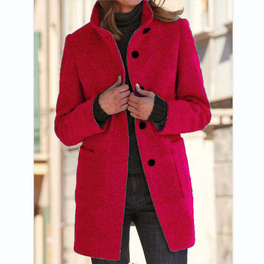 Fashion Stand Collar Woolen Coat With Pockets Fall Winter Casual Button Outwear For Women Clothing - Les Petits Explorateur 