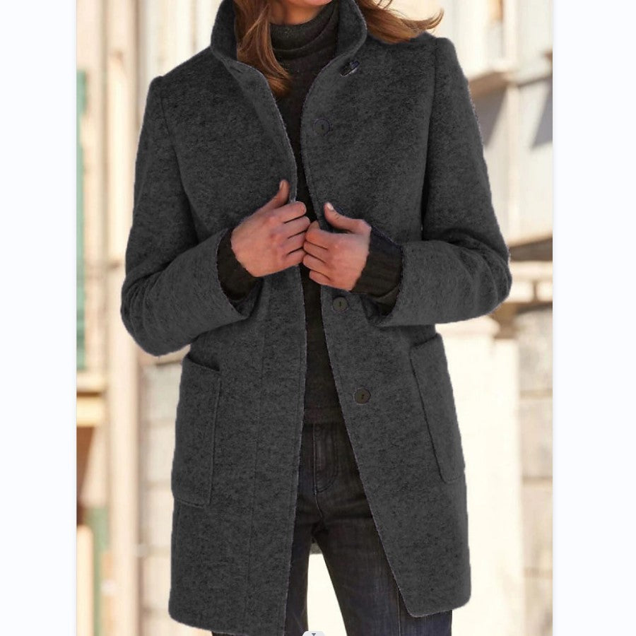 Fashion Stand Collar Woolen Coat With Pockets Fall Winter Casual Button Outwear For Women Clothing - Les Petits Explorateur 
