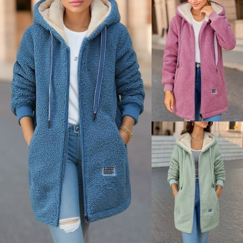 Winter Fleece Hooded Jacket Fashion Casual Zip-up Pockets Long Sweatshirt Warm Commuter Women's Clothing - Les Petits Explorateur 