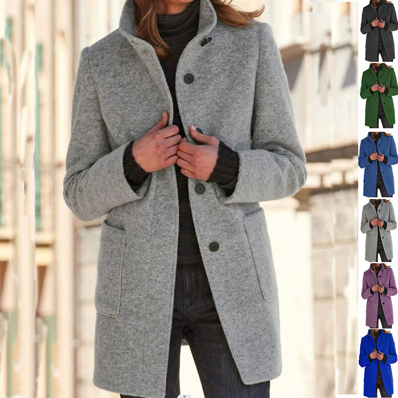 Fashion Stand Collar Woolen Coat With Pockets Fall Winter Casual Button Outwear For Women Clothing - Les Petits Explorateur 